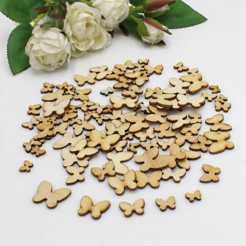 200 pz/pacco fette di legno a farfalla mista artigianato fai da te Scrapbooking decorazioni per la casa ornamenti in legno accessorio fatto a mano