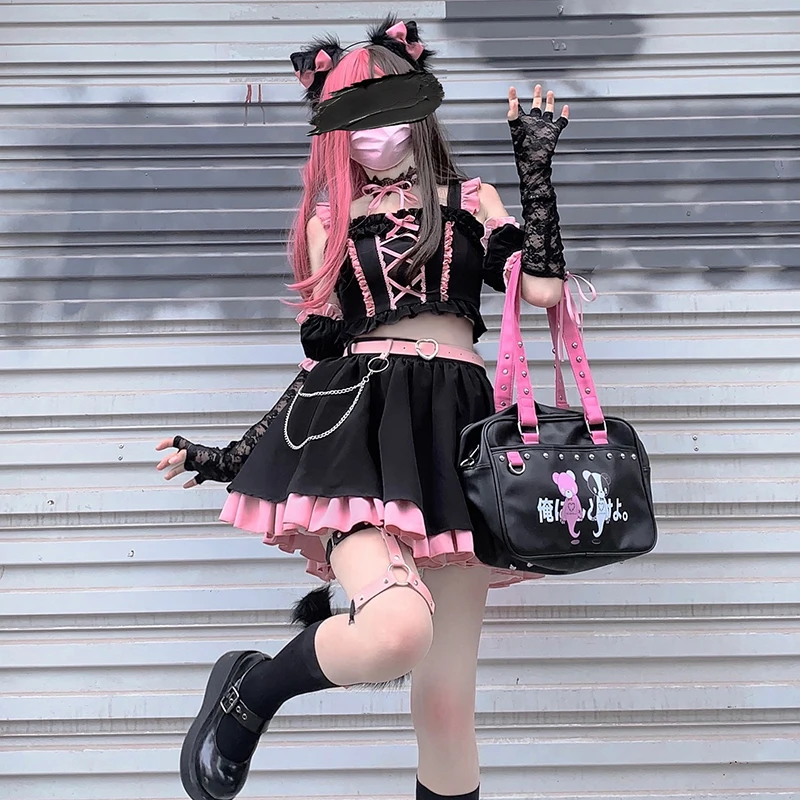 Lolita Girls Sweet Tank Top And Skirt 2-piece set High Waist Ruffles Bow Pleated Skirt Harajuku Cute Cake Mini Skirts