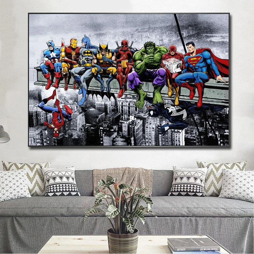 Superheroes Sit In Rows Funny Art Posters And Prints Marvel Spider Man Iron Man Home Decor Canvas Wall Painting For Living Room