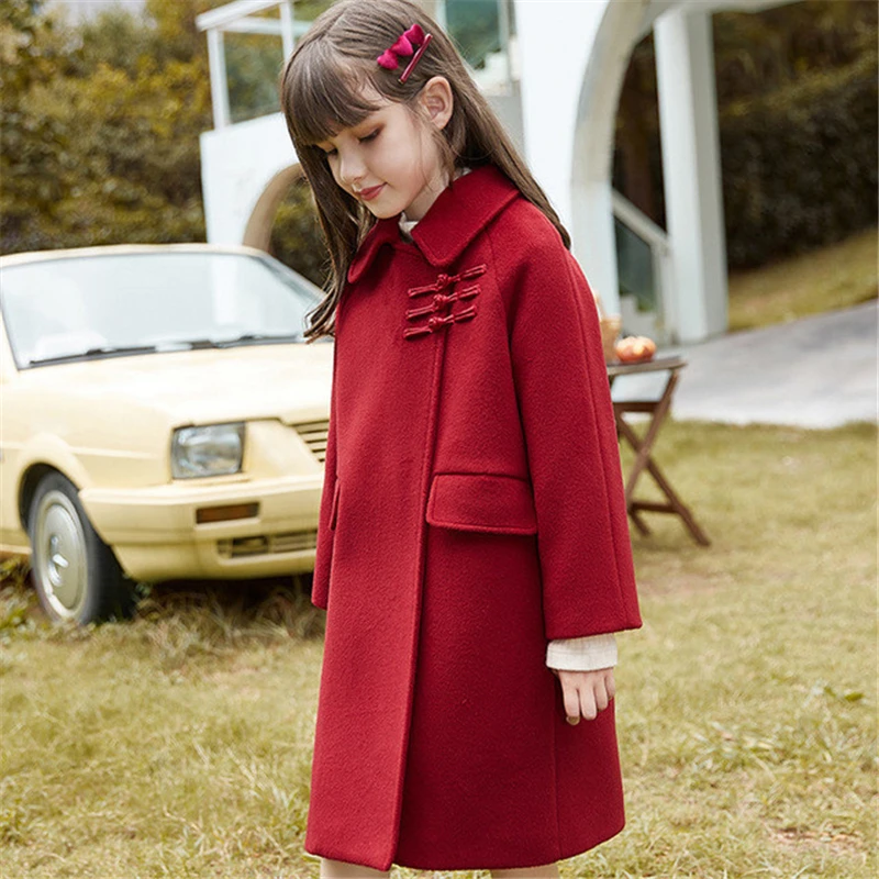 

2022 Winter Red Girls Woolen Coat Elegant Thick Warm Jackets Parka Children Outerwear Clothes Teenage Kids Windbreaker Quality