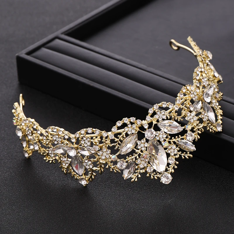 AiliBride Wedding Hair Accessories Tiara  Fashion Crystal Baroque Bridal Crown Gold Diadem for Bridal Wedding Hair Jewelry Gift