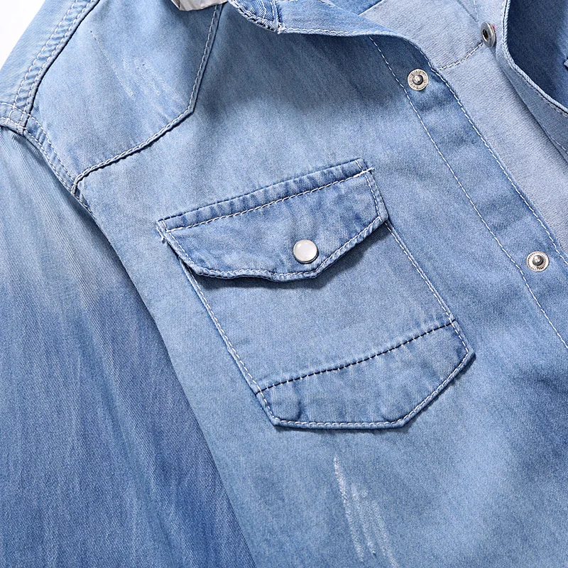 New style Spring Autumn Leisure time Men Denim Thin Shirt Long Sleeve Soft Two Pockets Slim Slight Jeans Cowboy