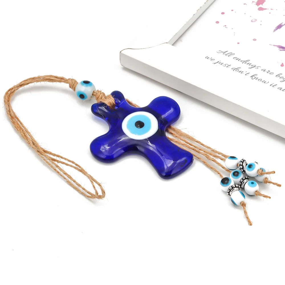 Lucky Eye Glass Cross Blue Evil Eye Keychain Rope Ring Car Keyring Key Chain Holder Wall Hanging Jewelry for Women Men LE243