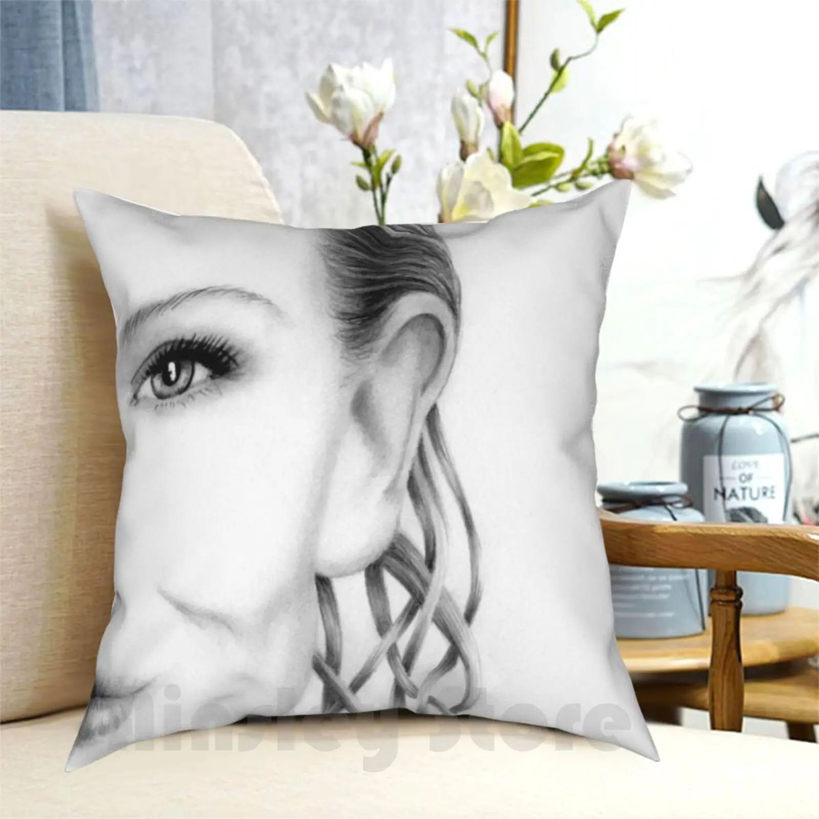 Cate Blanchett Pencil Portrait Pillow Case Printed Home Soft Throw Pillow Pencil Portrait Cate Blanchett Movies Actors