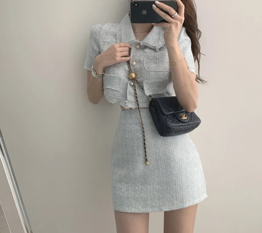 Women Summer Two 2 Piece Set Korean Style Elegant Single Breasted Tassle Short Sleeve Tops And High Waist Bodycon Mini Skirts