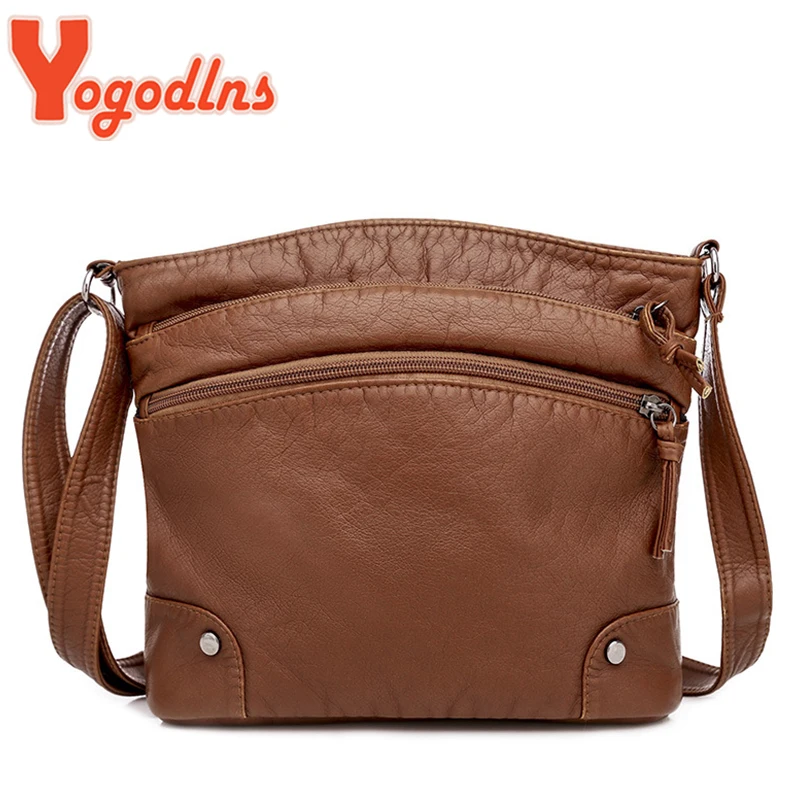 Yogodlns Soft PU Leather Shoulder Bag Women Retro Messenger Bag Double Zipper Female Crossbody Bag Big Capacity Daily Handbag