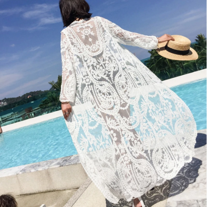 2022 Dress Beach White Lace Summer Maxi Dress Women Long Sleeve Beach Cover Up Sexy See Through Boho Bikini Beachwear Cover-ups