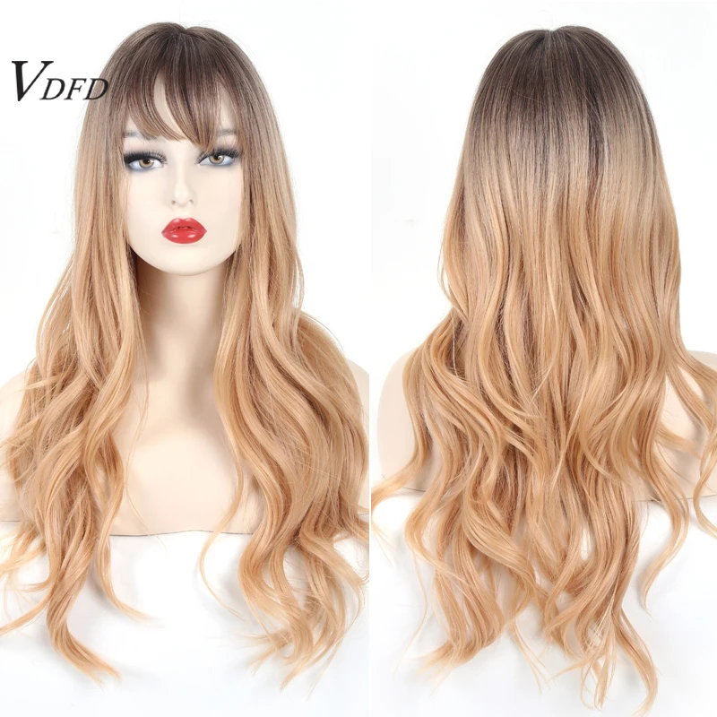 

VDFD Golden Blonde Wig Synthetic Hair with Bangs Long Wavy Ombre Natural Daily Use for Women Cosplay