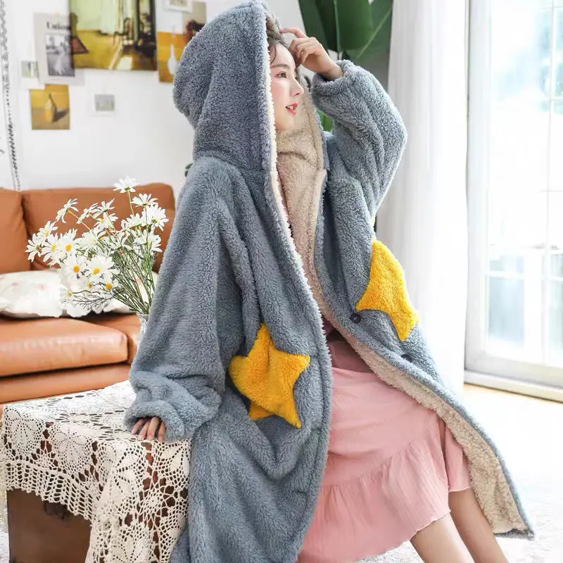 Winter Thick Coral Fleece Sleepwear Robe Winter Women Hooded Nightgown Kimono Bath Gown Loose Flannel Long Nightdress Home Wear