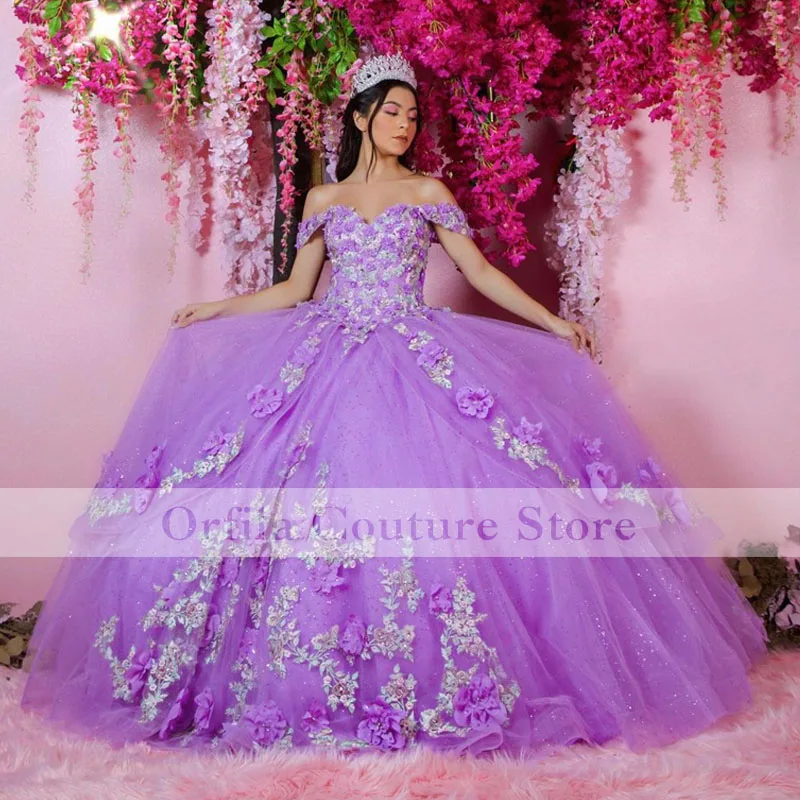 Purple 3D Flowers Quinceanera Dresses Ball Gown Formal Prom Graduation Gowns Princess Sweet 15 16 Dress Off The Shoulder