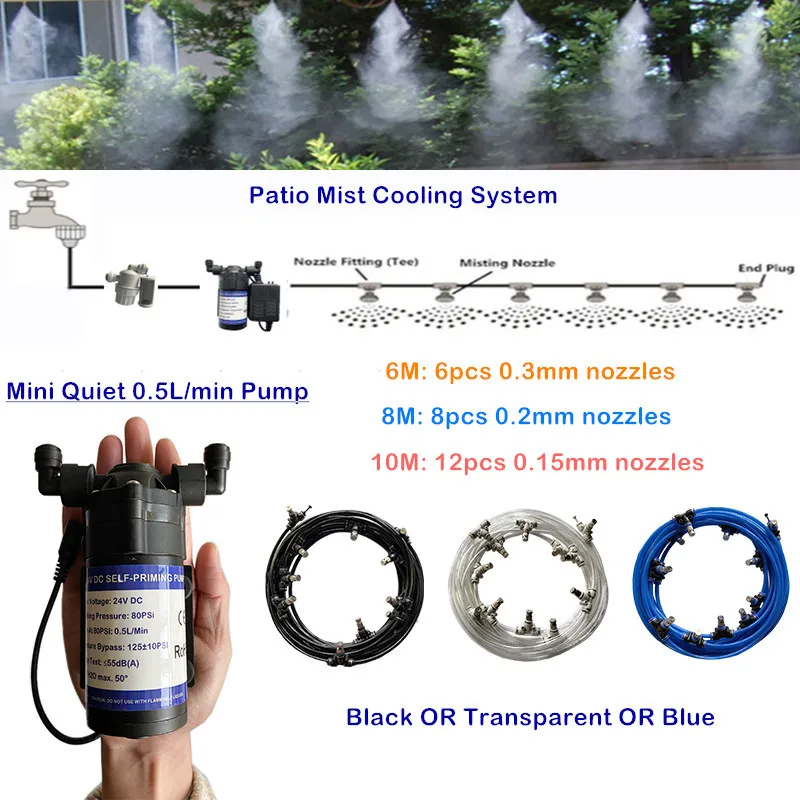 S408 Patio Mist Cooling System 6M/8M/10M with Quality 80PSI DC 24V Quiet Water Pump 6mm Slip Lock Fog Nozzle Garden Watering Kit