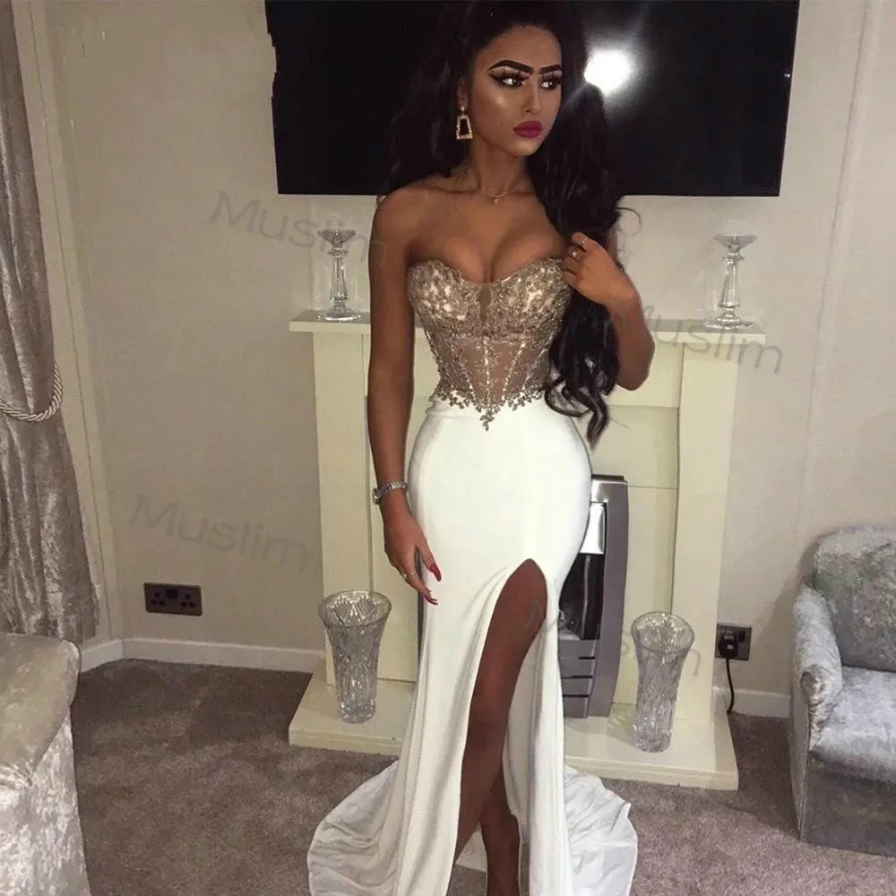 

See Through Top White Prom Dresses Elegant Mermaid Satin Long Evening Dress With Beaded High Slit Formal Party Dress Customized