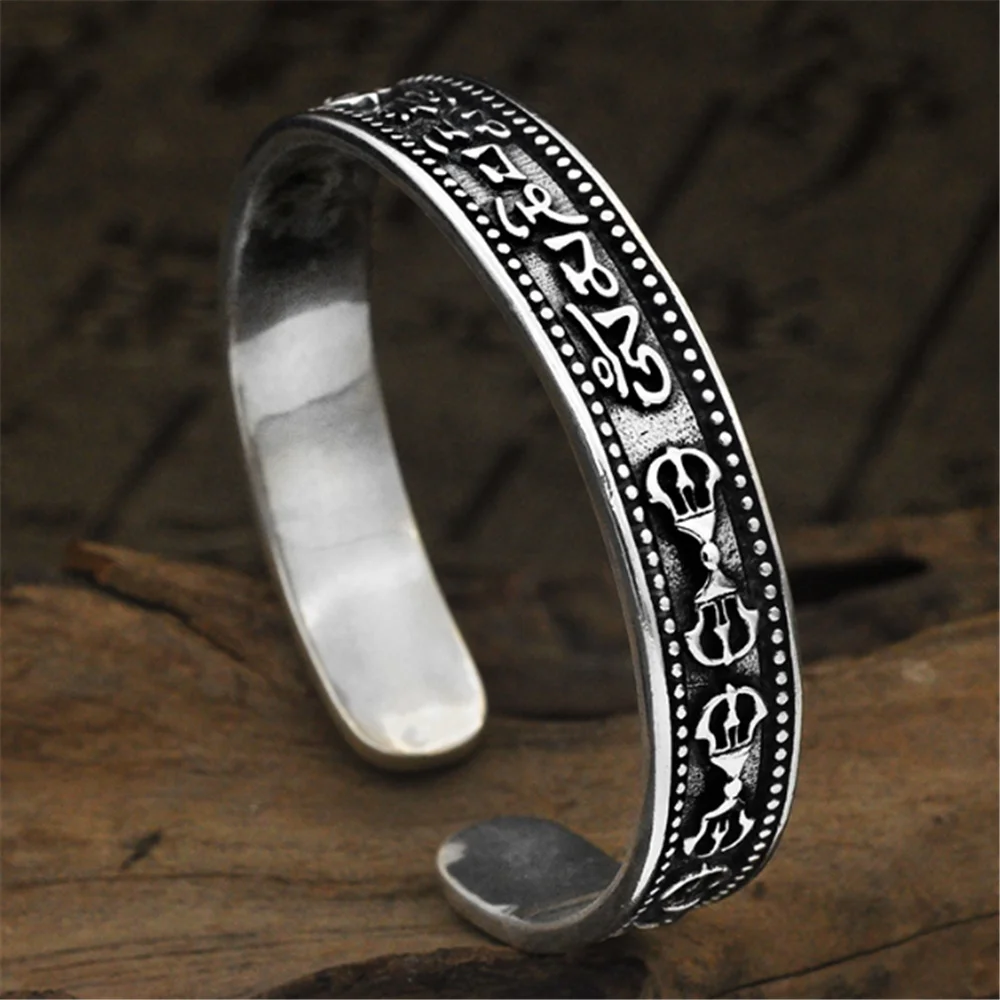 

Solid 925 Sterling Silver Open Bangle Buddhist Mantra Cuff Bracelet Retro Jewelry Mens Women Unisex Gift