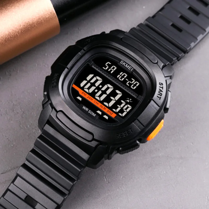 SKMEI 5bar Waterproof LED Light Stopwatch Sport Watches Mens Countdown Digital Wristwatch PU Leather Calendar Alarm reloj hombre