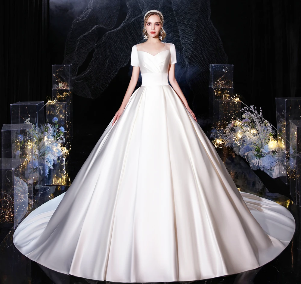 Wedding Dress 2022 Luxury Satin Wedding Gown With Train Ball Gown Classic Princess Bride Dress Plus Size Vestido De Noiva