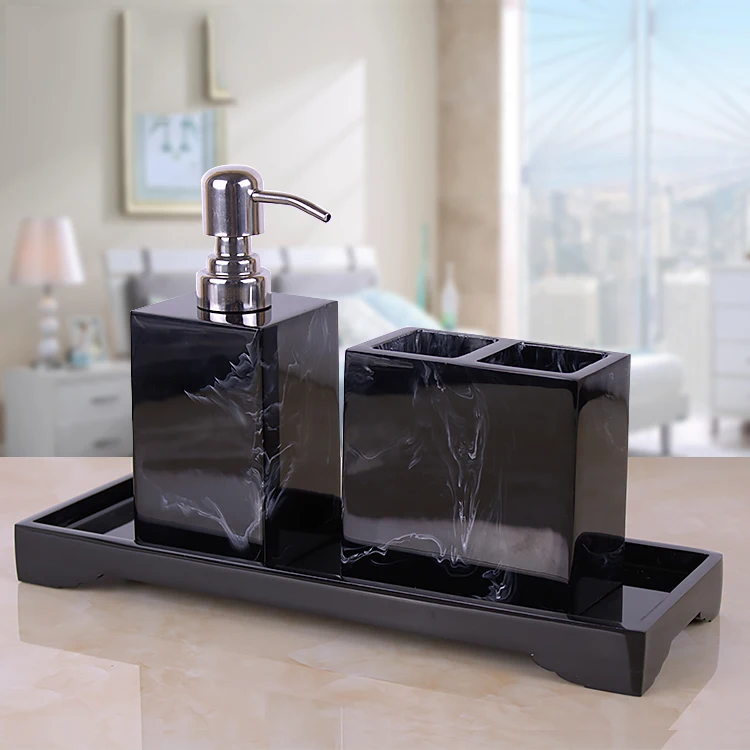 Black Marble Pattern Tray Resin Bathroom Set Toothbrush Holder Soap Dispenser Soap Dish Men\'s Bathroom Accessories Set Home Deco