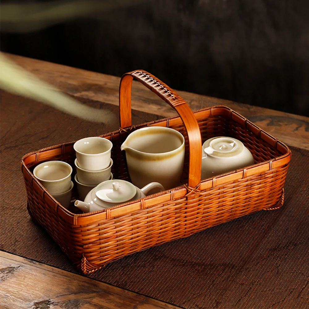 

Japanese Style Handmade Bamboo Tea Set Basket For Teacup Teapot Retro Portable Storage Container For Fruit Dessert Vegetables