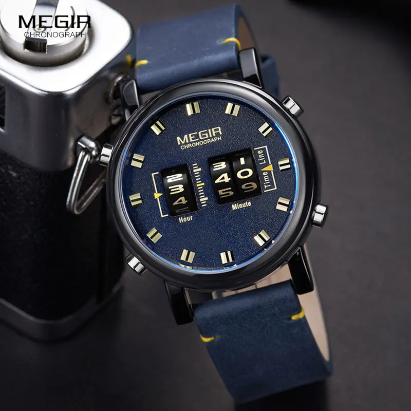 

MEGIR Blue Leather Watch Men Top Brand Digital Quartz Watches Male Luxury Waterproof Military Sport Clock Relogio Masculino 2137