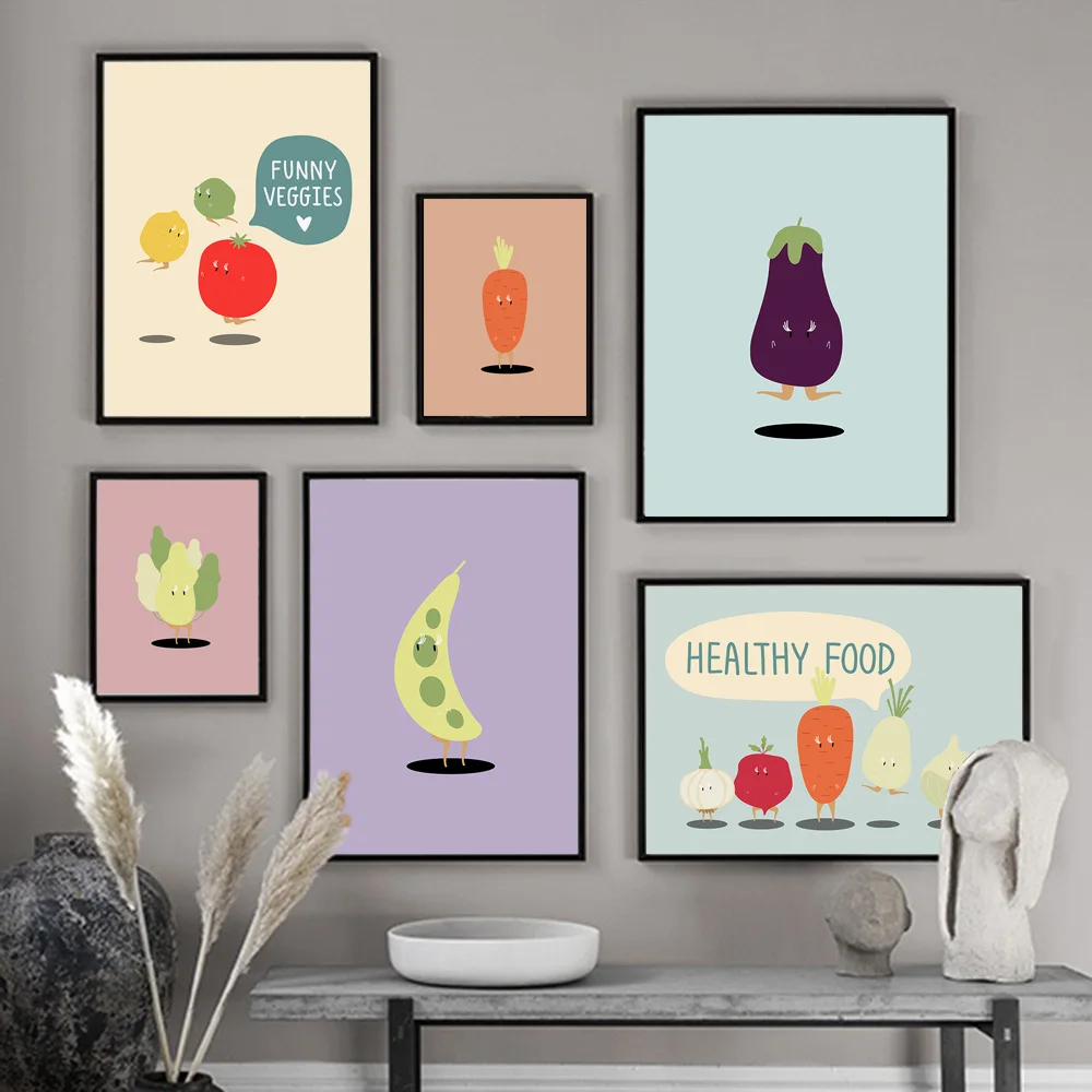 

Cartoon Vegetable Healthy Food Eggplant Carrot Nordic Posters and Prints Wall Art Canvas Painting Wall Pictures Kitchen Decor