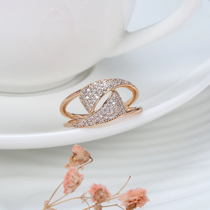 Kinel Hot 585 Rose Gold Ring Fashion Jewelry 2021 Micro Wax Inlay Natural Zircon Geometry Fine Ring Women Ethnic Wedding Jewelry
