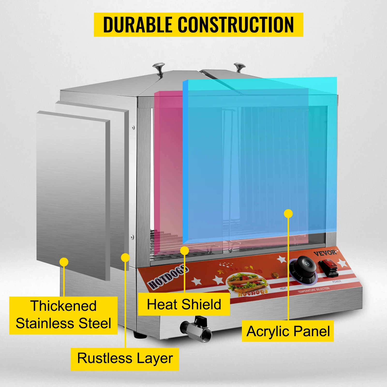 VEVOR 2ชั้นฮอตดอก Steamer ทำความสะอาดง่ายสแตนเลส Spacious ไฟฟ้า Bun อุ่นหม้อหุงข้าวกระจกนิรภัยสไลด์ประตู