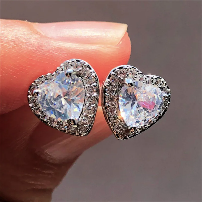 Bling Multicolor Crystal Heart Stud Earrings for Women Romantic Birthstone Zircon Wedding Earing Ear Jewelry Accessories Gifts