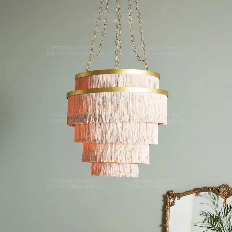 Boho Pink Chandelier For Girls Room Foyer Bedroom Creative Cotton Thread Line Lighting Luxury Hotel Lobby Hanging Chandelier