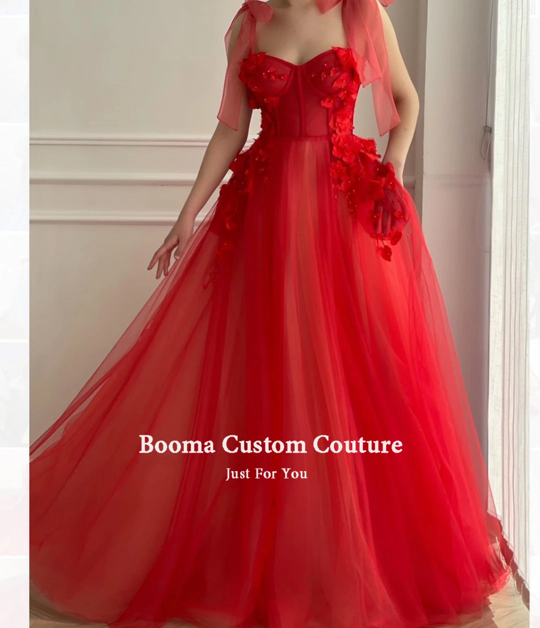 Booma Red Sweetheart Prom Dresses 2022 Flowers A-Line Tulle Prom Gowns with Pockets Tied Bow Straps Long Wedding Party Dresses