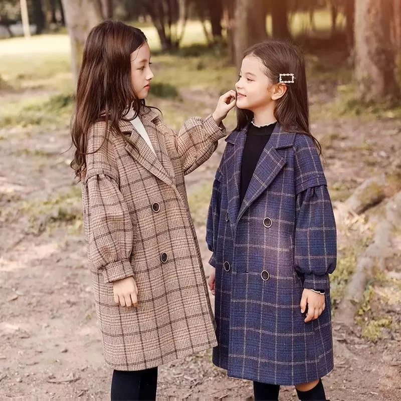 

New Children Girls Trench Outerwear Winter Thicken Plaid Jackets Woolen Long Parka Teenager Warm Coat Luxury Design High Quality