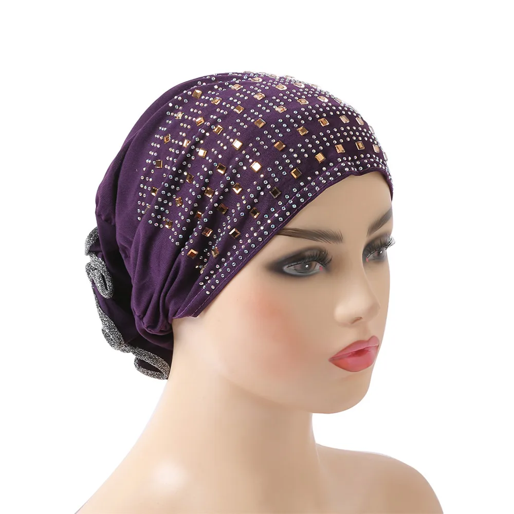 Muslim Women Flower Cancer Chemo Hat Bonnet Hair Loss Cap Islamic Turban Cap Head Wrap Cover Beanies Skullies Arab Rhinestone