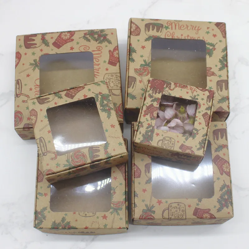 10pcs Multi Size Gifts Box with Window Marbling Style kraft Paper Window Wrapping Package for Jewelry Party Supplies