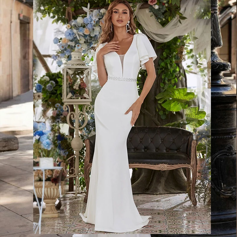 Sexy Trouwjurk Wit Voor Vrouwen Custom Made Mermaid Bridal Gown Floor Lengte V-hals Korte Mouw Gewaad De Mariee Elegnat simpl