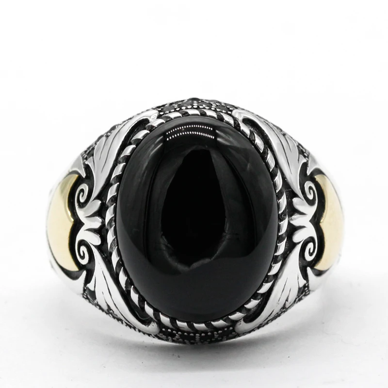 New Men's 925 Sterling Silver Ring With Natural Agate Stone Turkish Punk Style Classic Wings Exquisite Men's and Women's Jewelry