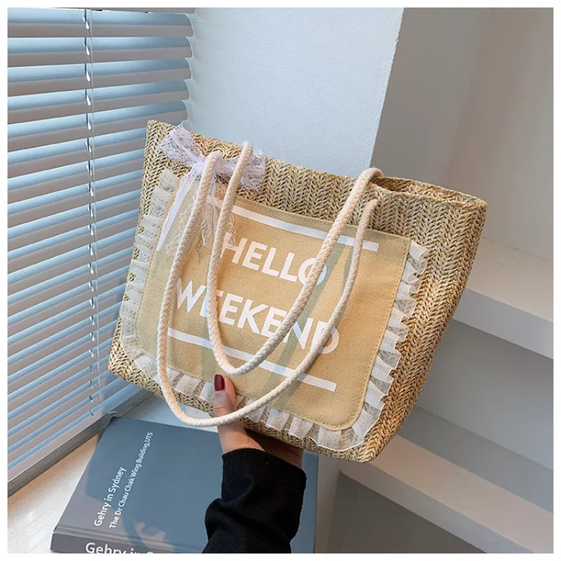 Elegant Women Summer Straw Bag Hand-Woven Underarm Bags Lace Bow Rattan Bag Large Capacity Casual Tote Bags Beach Travel Handbag