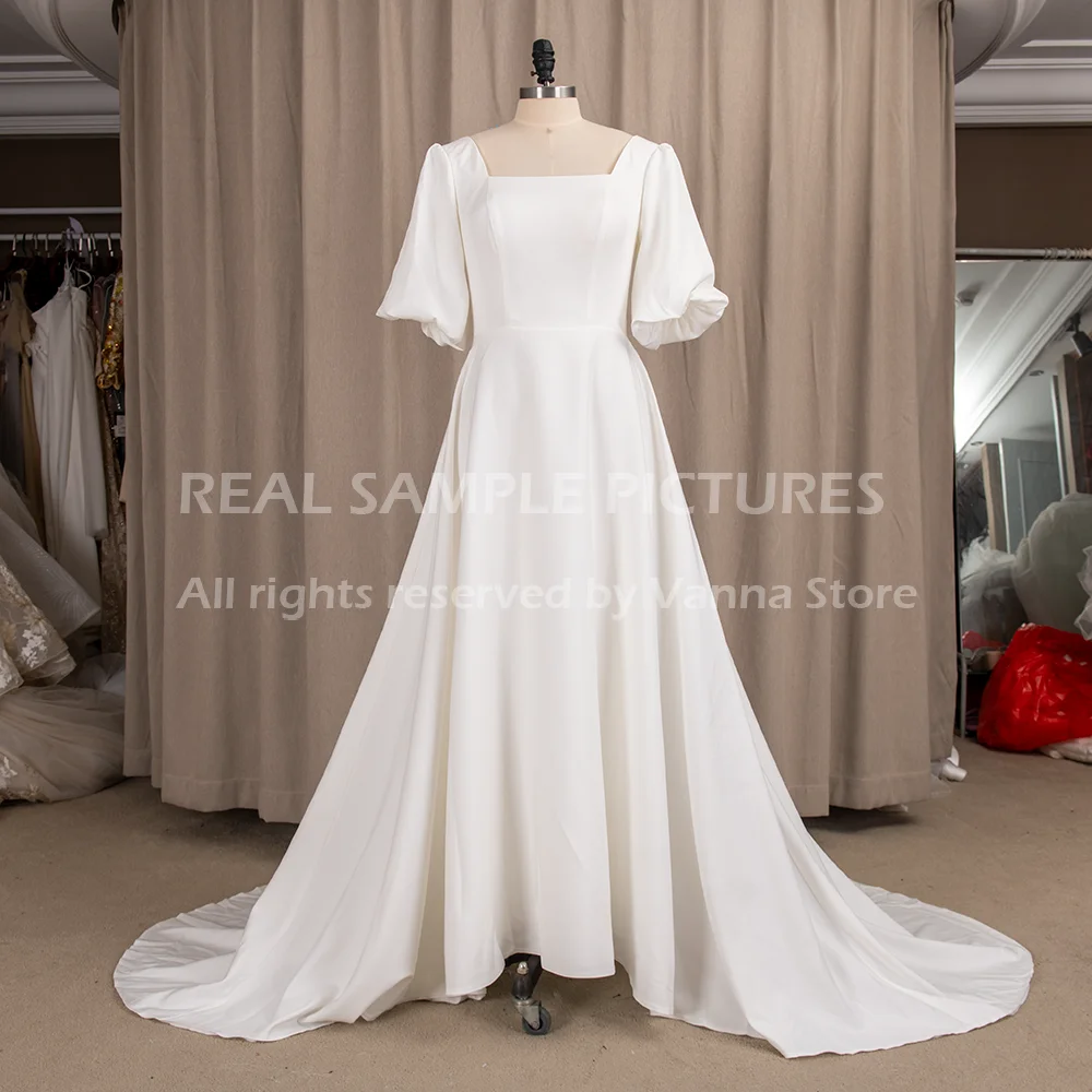 Satin Square Neck Wedding Bride Dress 2020 Latern Sleeve Low Cut Zipper Simple Elegant Bridal Gown Sweep Train Custom Made #983