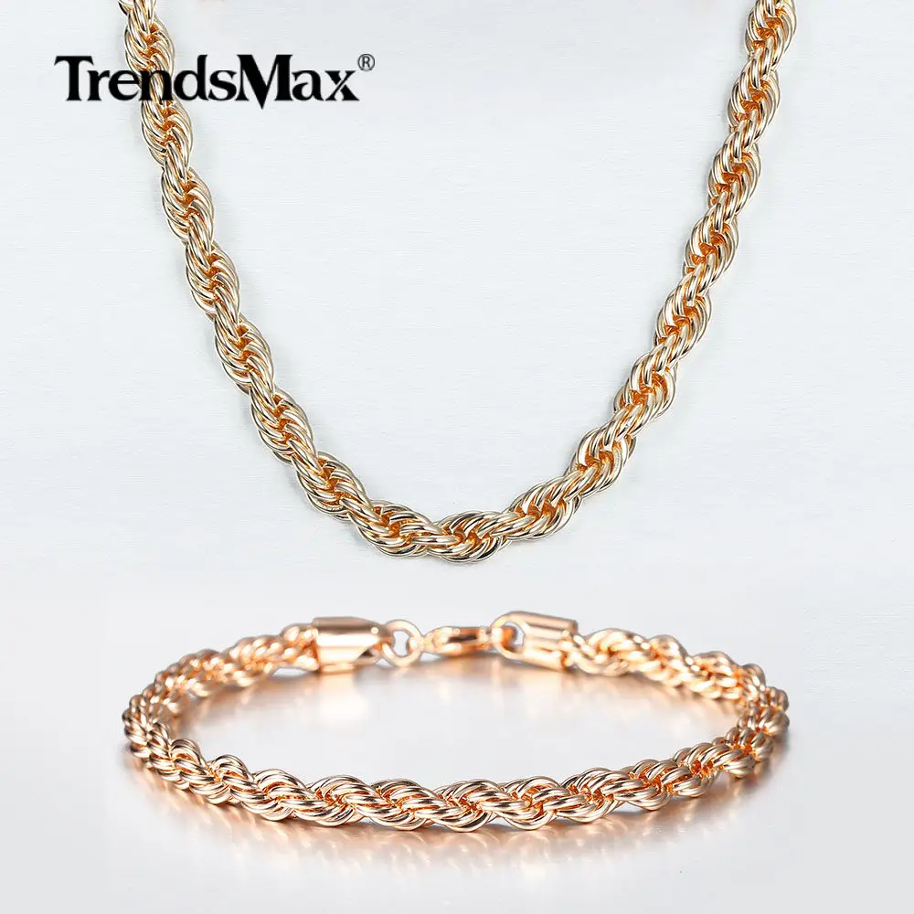 Width 5/6mm 585 Rose Gold Color Rope Chain Jewelry Set Twisted Necklace Bracelet for Women Men Fashion Jewelry Gift CS19