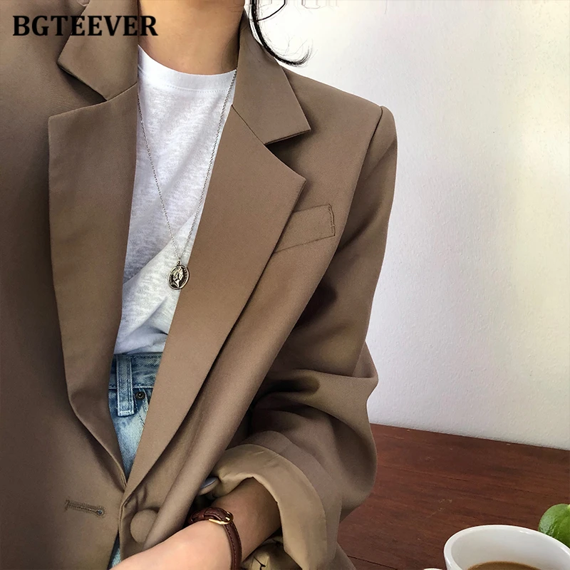 BGTEEVER Chic Loose Brown Women Blazer Spring Summer One Button Female Suit Jacket Full Sleeve Outwear blaser femme 2021