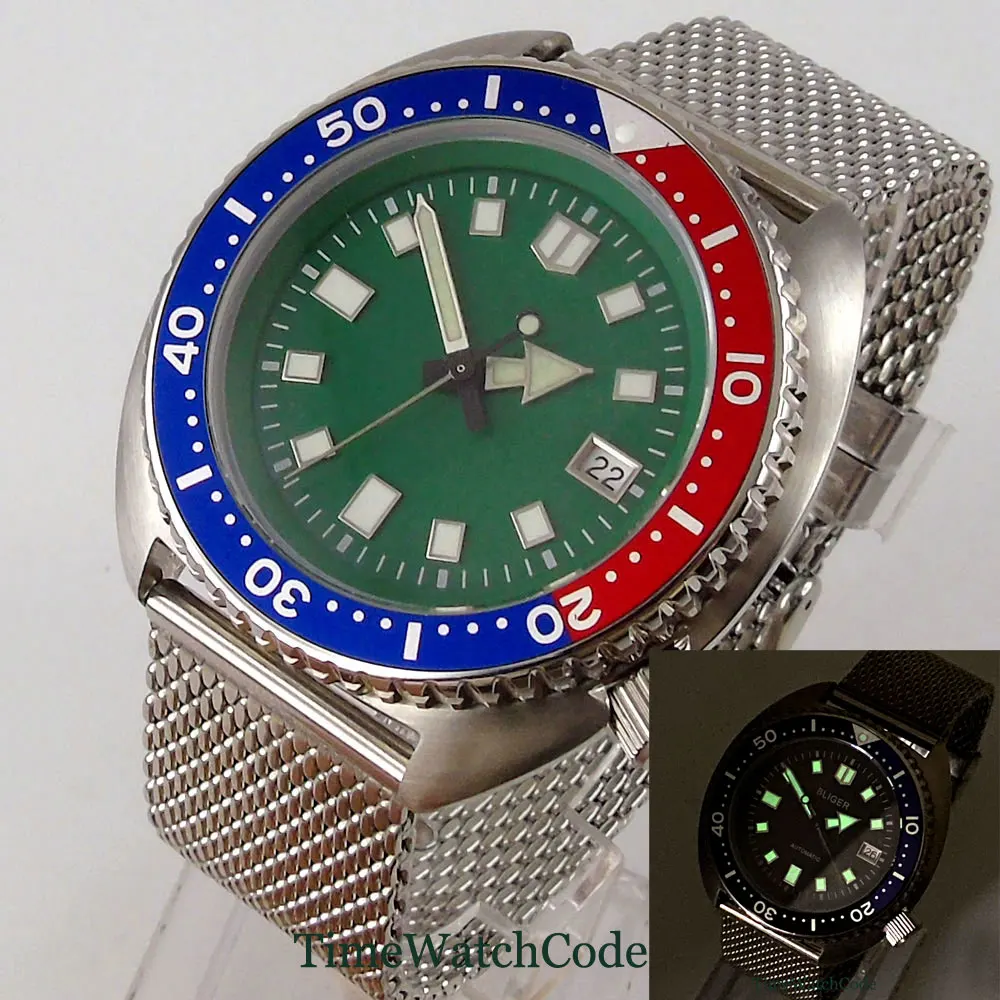 45mm Automatic Men's Watch  NH35A Movement Green Dial Sapphire Crystal Date Mesh Strap Green Lume Alloy Bezel Insert