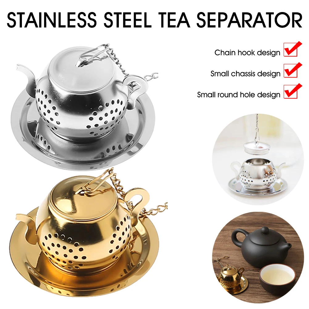 1pcs Tea strainer Teapot Shape Loose Tea Infuser Stainless Steel Leaf Tea Maker Strainer Chain Drip Tray Herbal Spice Filter