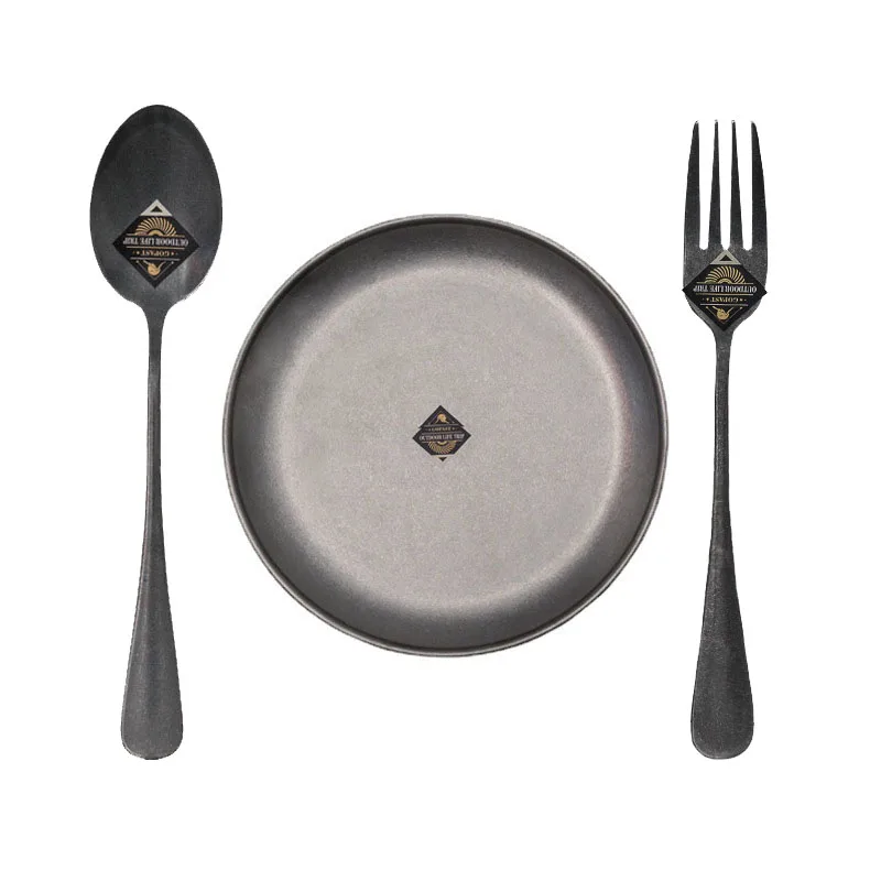 Retro Style Stainless Steel Frosted Matte Round Steak Pasta Dessert Plate Japanese Western Tableware Dinnerware Set Plates