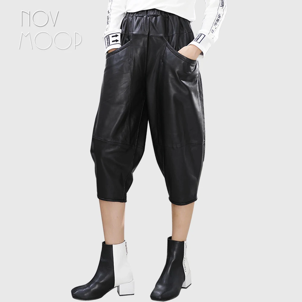 Novmoop 2019 autumn streetwear sheepskin genuine leather bloomers women wide leg pants with big pocket pantalones mujer LT2850