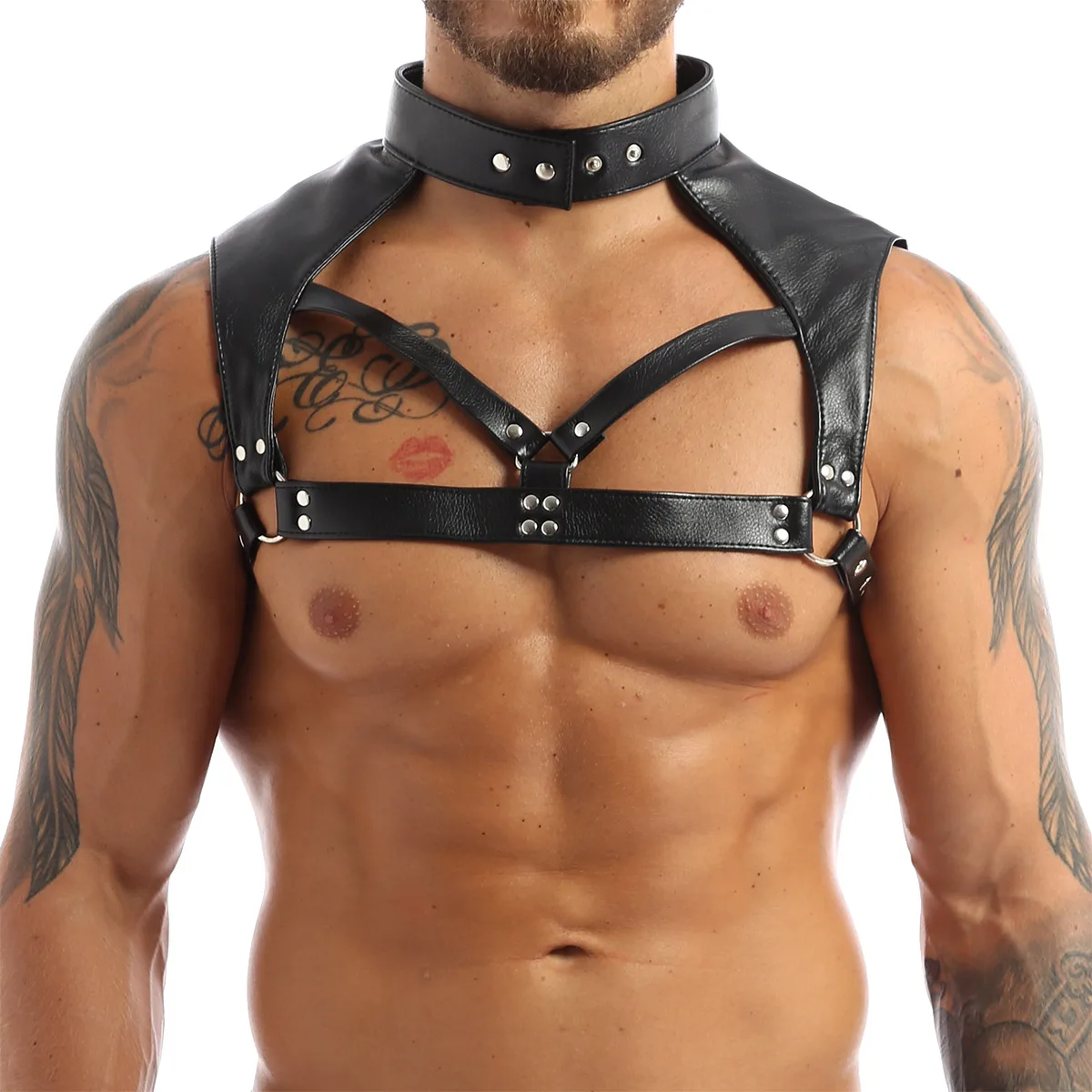 Men Lingerie Faux Leather Adjustable Body Chest Harness Lapel Sexy Male Nightclub Tops with Press Buttons Gay Fancy Sex Costume