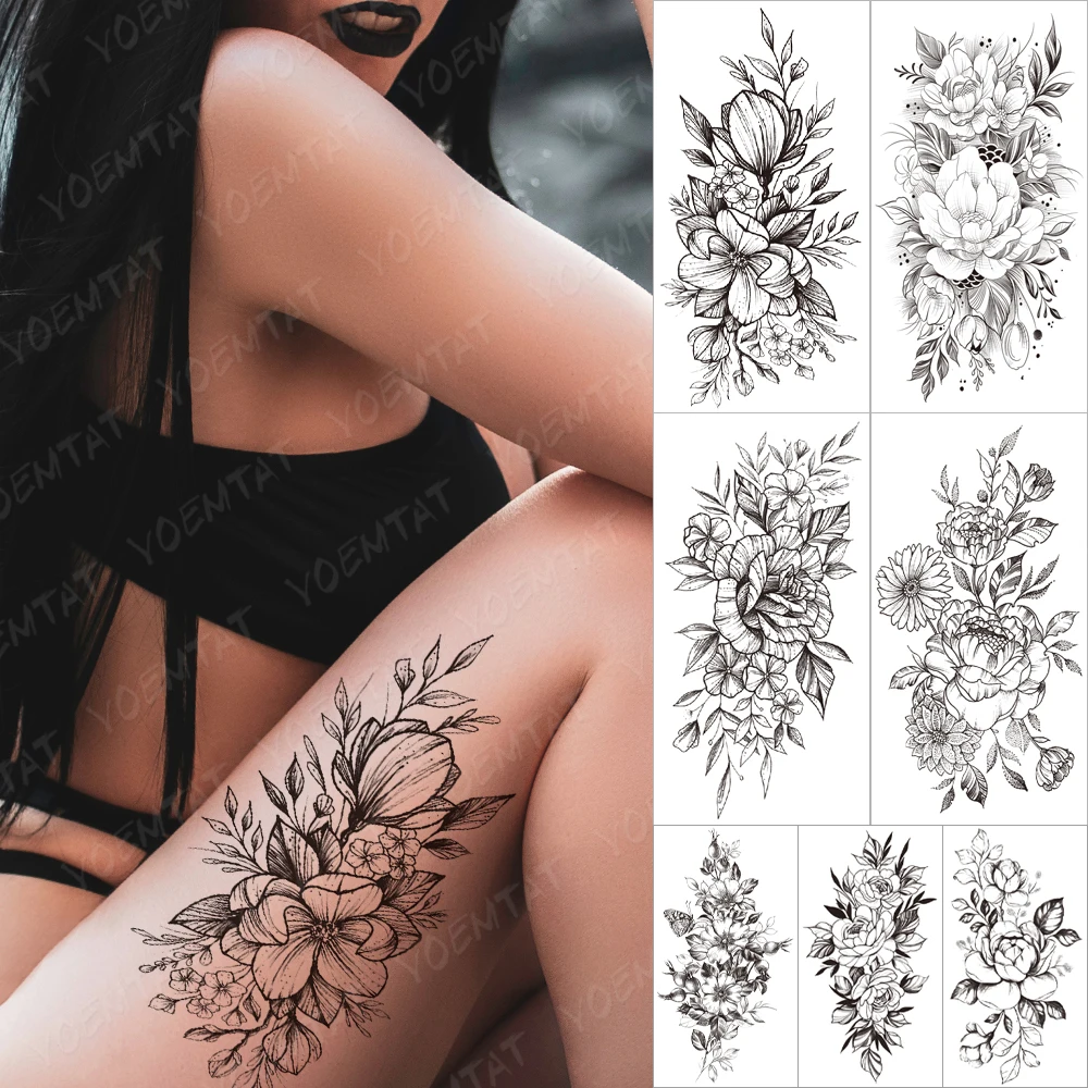 Sexy Flowers Waterproof Temporary Tattoo Stickers Jasmine Tea Lily Durable Wedding Party Tattoo Women Men Fake Sleeve Tattoos