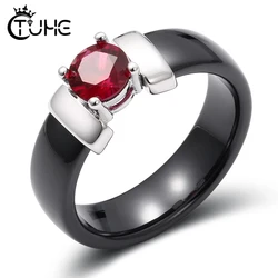 6mm White Black Ceramic Rings Plus Red Cubic Zirconia For Women Gold Color Stainless Steel Women Wedding Ring Engagement Jewelry