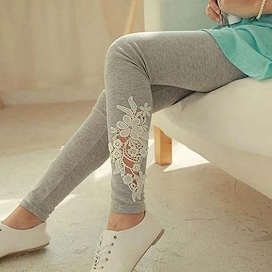 Women Lace Flower Fitness Pant Leggings Slim Elastic Ankle Length Trousers