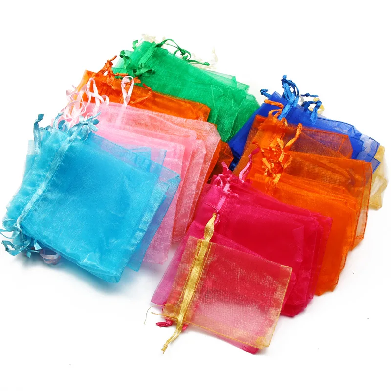 50pcs/lot Adjustable Organza Bags Drawstring Jewelry Packaging Favors Cake Pouches Candy Wedding Packing Present Pouches 4Size