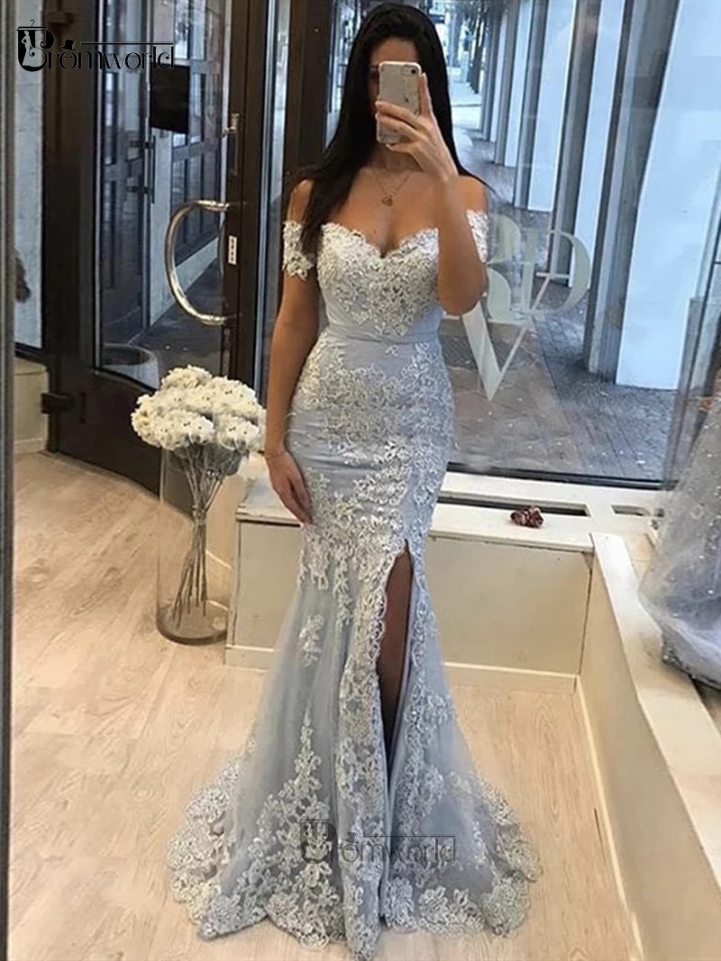 

Abendkleider Formal Evening Dress Long Robe De Soirée Sexy Side Slit Off the Shoulder Light Blue Mermaid Lace Prom Gown Party