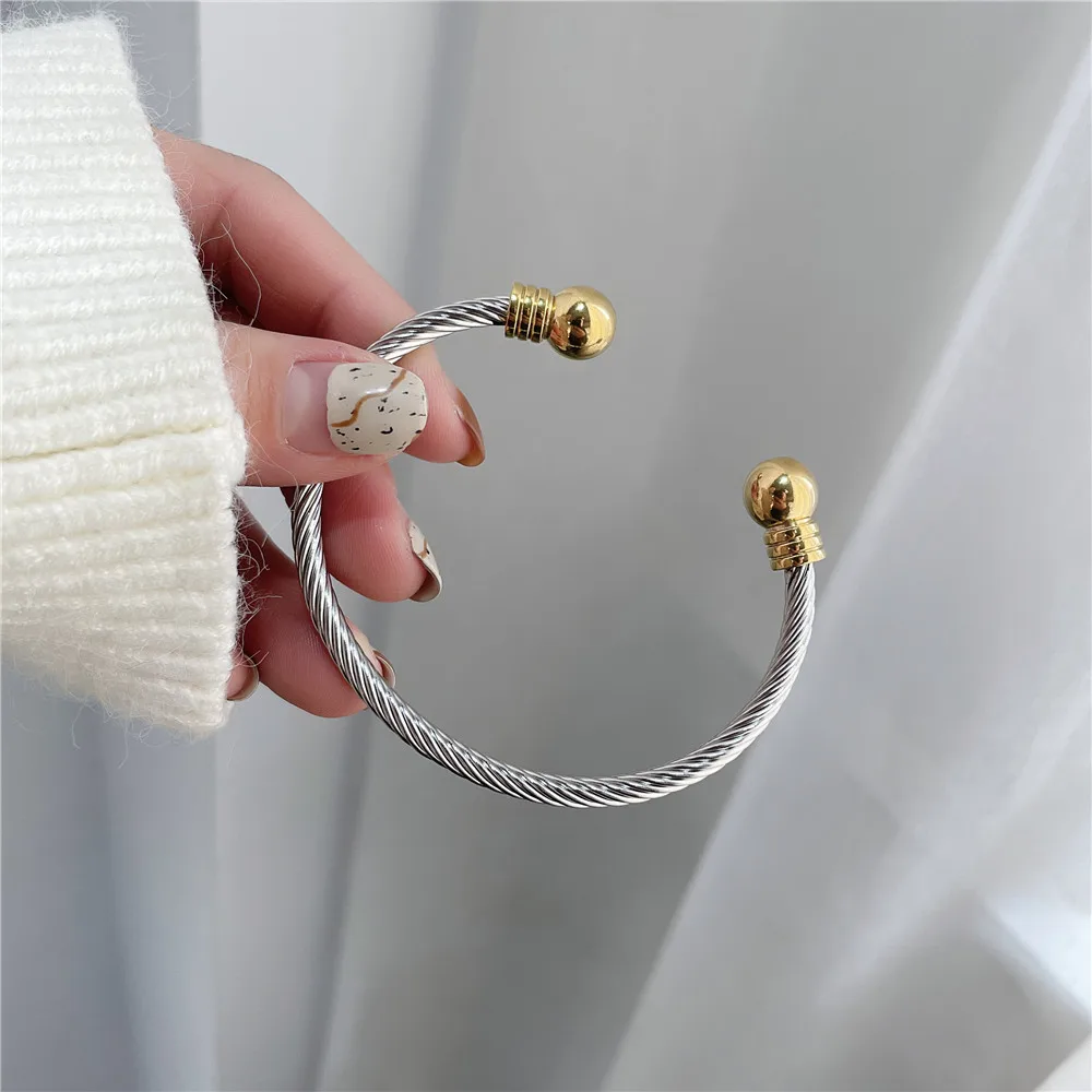 New Titanium Steel Charm Ball Open Cuff Bangle Women Bracelet Stainless Steel Gold Color Wire Rope Women Bangle Fashion Jewelry