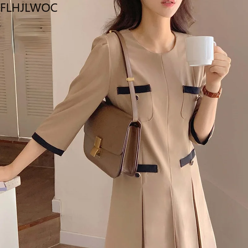 Retro Vintage French Fashion Style Hot Sales Feminine Vestidos Women Cute Sweet Girls Office Lady Solid Khaki Elegant Mini Dress