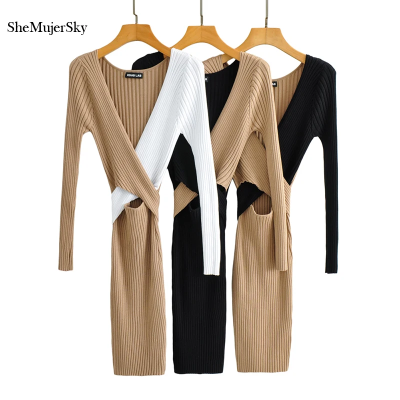 

SheMujerSky Women Khaki Patchwork Black Dress 2021 Long Sleeve Knitted Elastic V-neck Mini Dresses Slim Dress